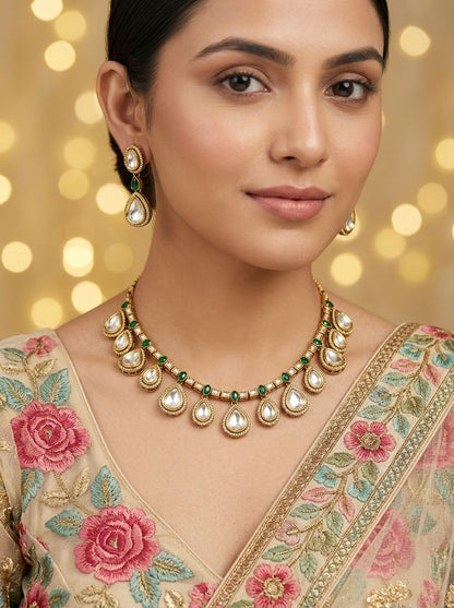 Devika Green & White Polki Drop Gold Plated Necklace Set for Women - Festive Ethnic Wear 