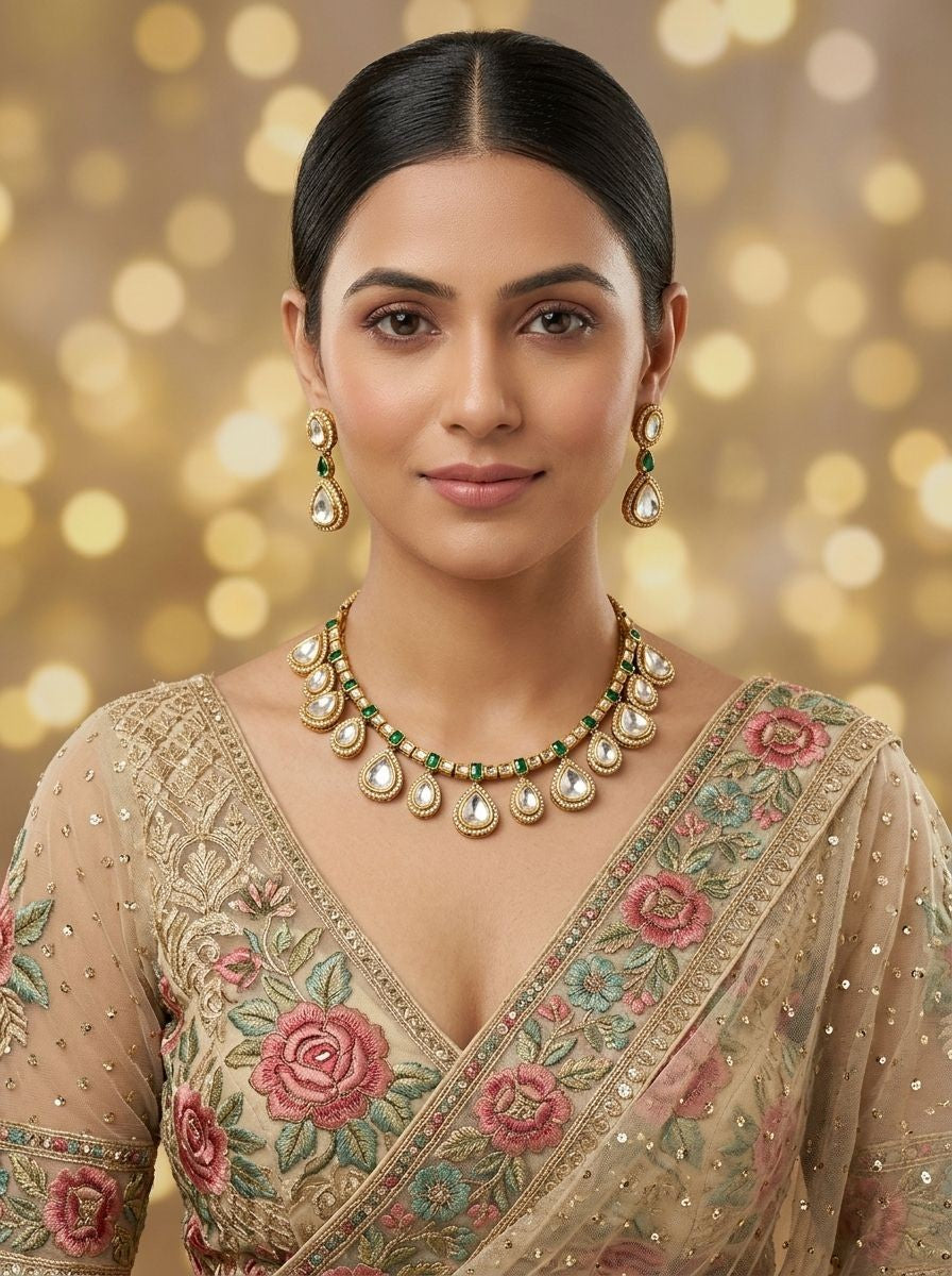 Devika Green & White Polki Drop Gold Plated Necklace Set for Women - Festive Ethnic Wear 