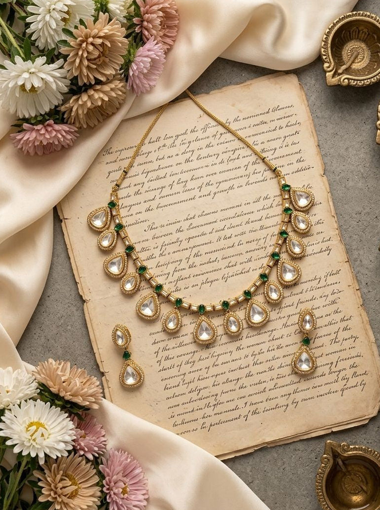 Devika Green & White Polki Drop Gold Plated Necklace Set for Women - Festive Ethnic Wear 