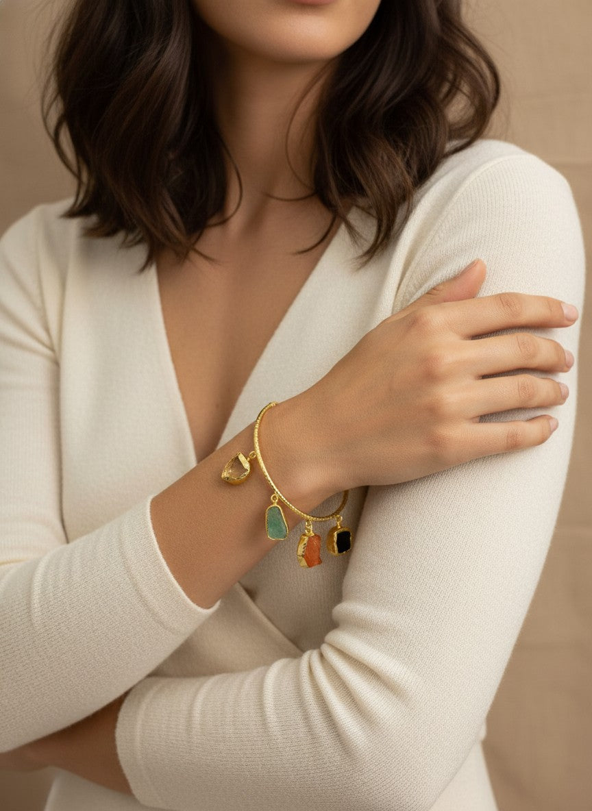 Eira Gold-Plated Raw Multi-Stone Charm Bangle Bracelet for Women - All Occasions Wear