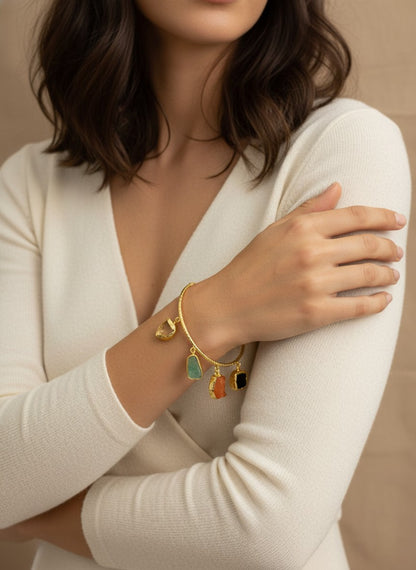 Eira Gold-Plated Raw Multi-Stone Charm Bangle Bracelet for Women - All Occasions Wear