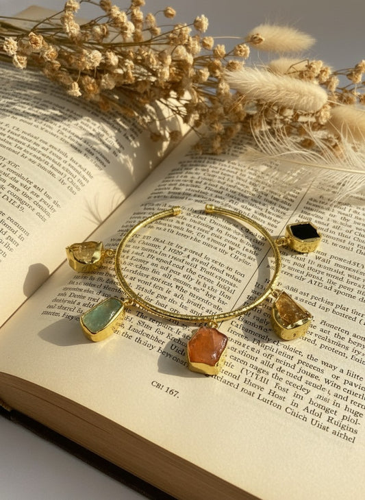 Eira Gold-Plated Raw Multi-Stone Charm Bangle Bracelet for Women - All Occasions Wear