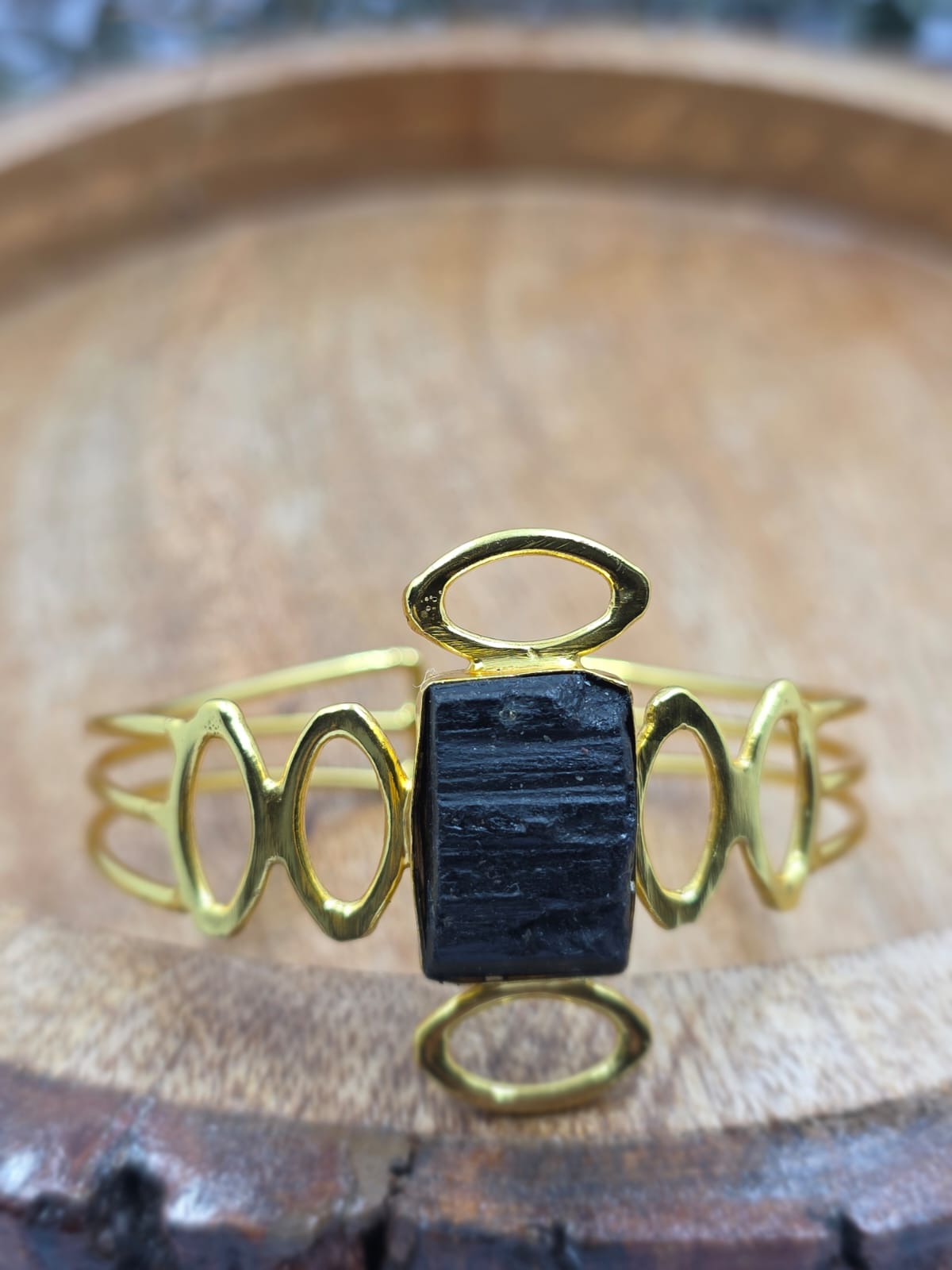 Elara Gold-Plated Sculptural Cuff Bracelet with Natural Stone Accent for Women - Occasion Wear_Black Tourmaline