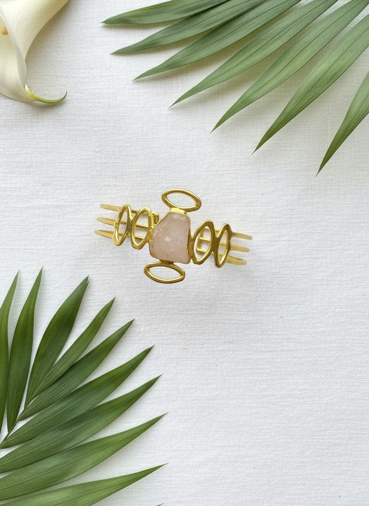 Elara Gold-Plated Sculptural Cuff Bracelet with Natural Stone Accent for Women - Occasion Wear