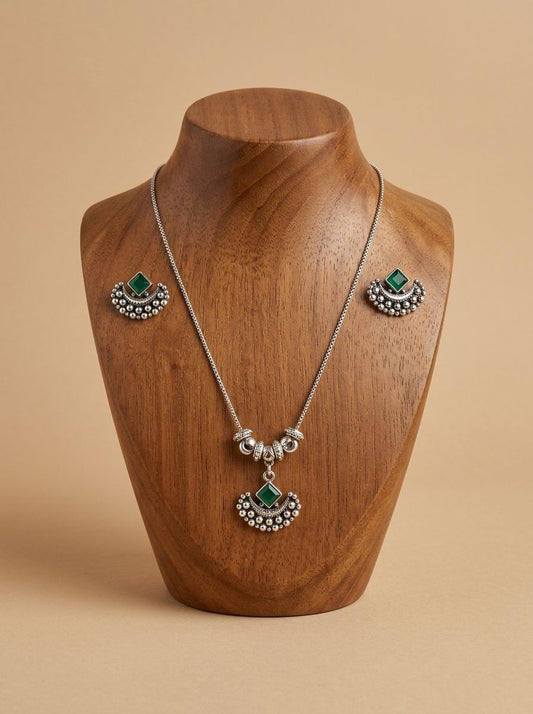 Emerald Crescent Silver Oxidised  Necklace Set for Women - Everyday Ethnic Wear