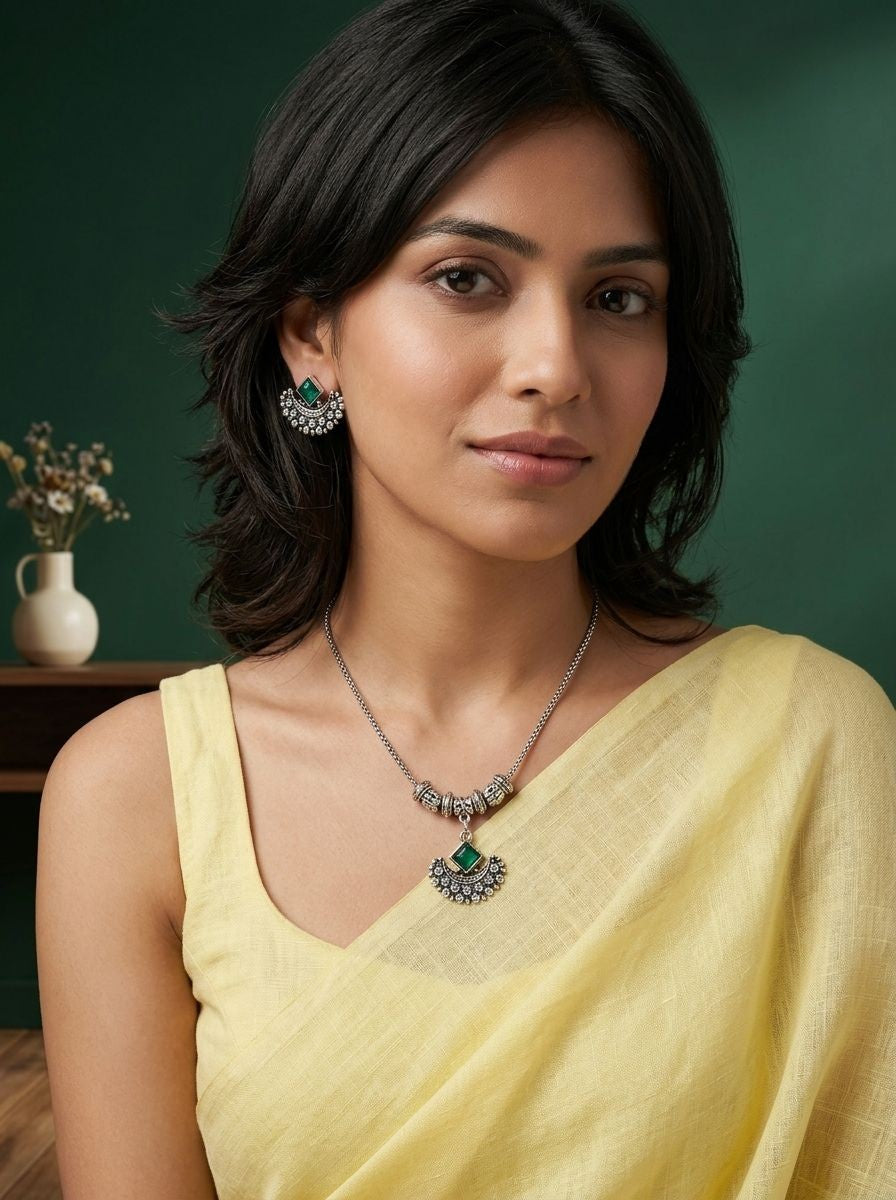 Emerald Crescent Silver Oxidised  Necklace Set for Women - Everyday Ethnic Wear