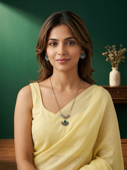 Emerald Crescent Silver Oxidised  Necklace Set for Women - Everyday Ethnic Wear