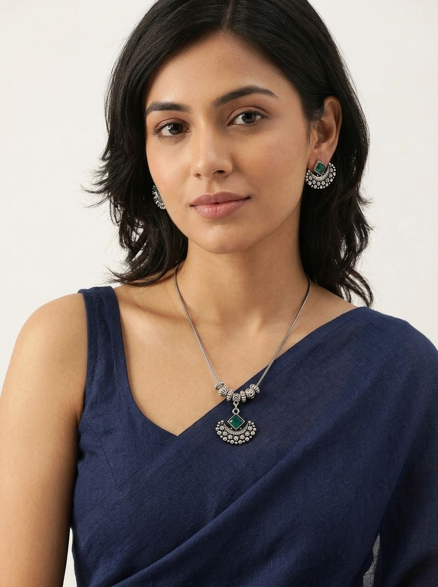 Emerald Crescent Silver Oxidised  Necklace Set for Women - Everyday Ethnic Wear