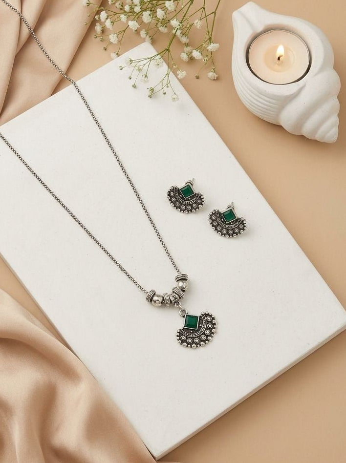 Emerald Crescent Silver Oxidised  Necklace Set for Women - Everyday Ethnic Wear
