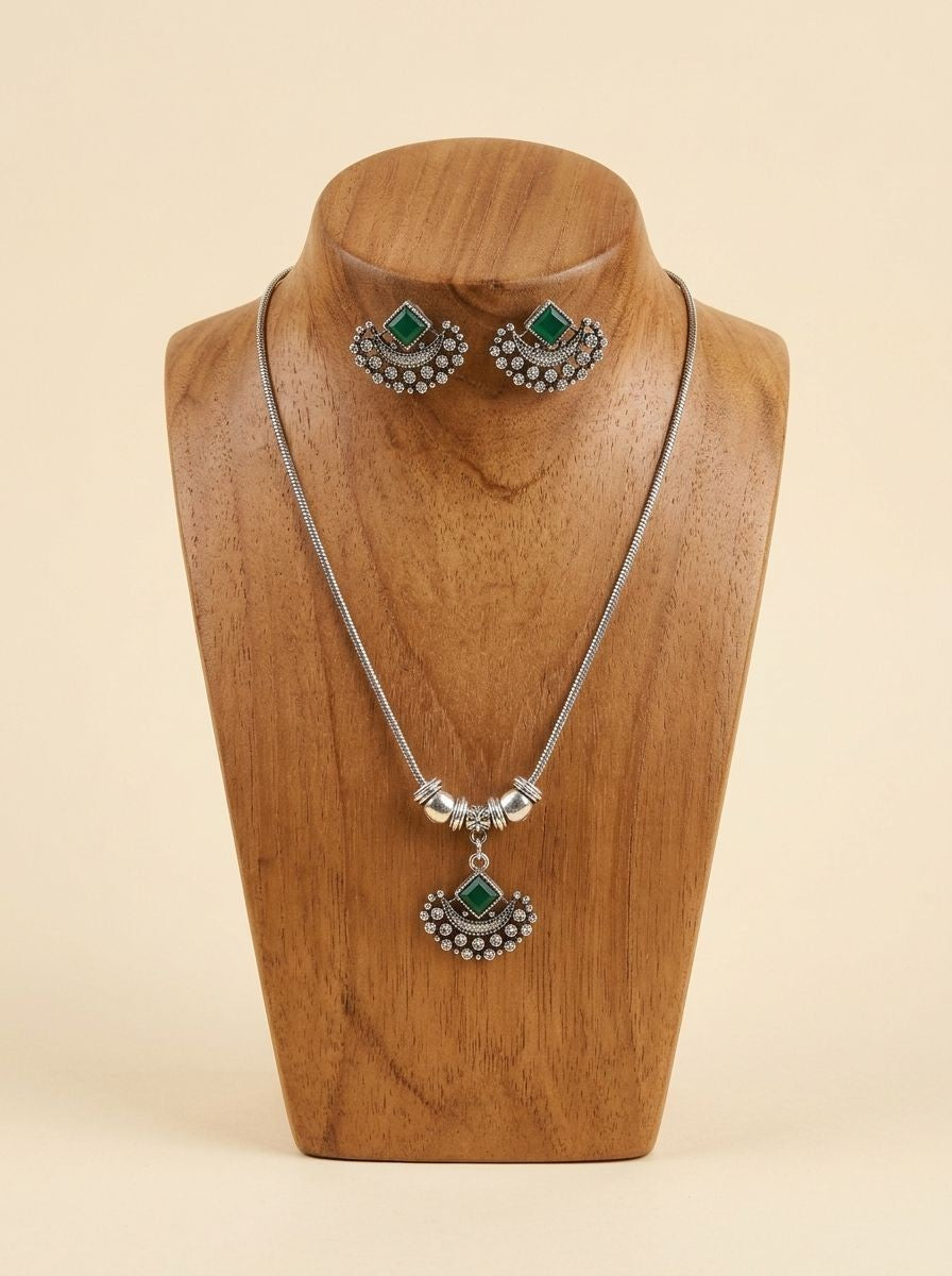 Emerald Crescent Silver Oxidised  Necklace Set for Women - Everyday Ethnic Wear 
