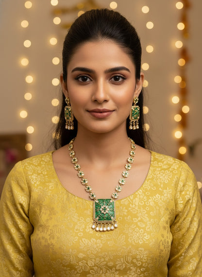 Emerald Enamel Polki Necklace & Earring Set with Drop Detailing for Women - Festive Baraati Wear
