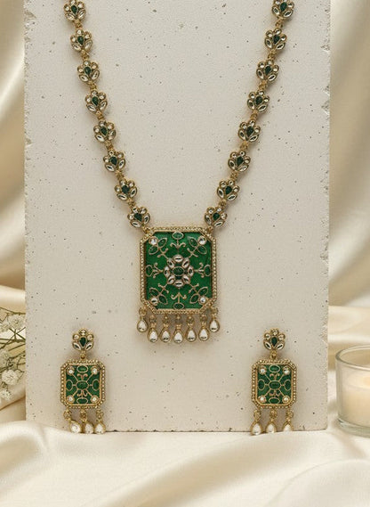 Emerald Enamel Polki Necklace & Earring Set with Drop Detailing for Women - Festive Baraati Wear