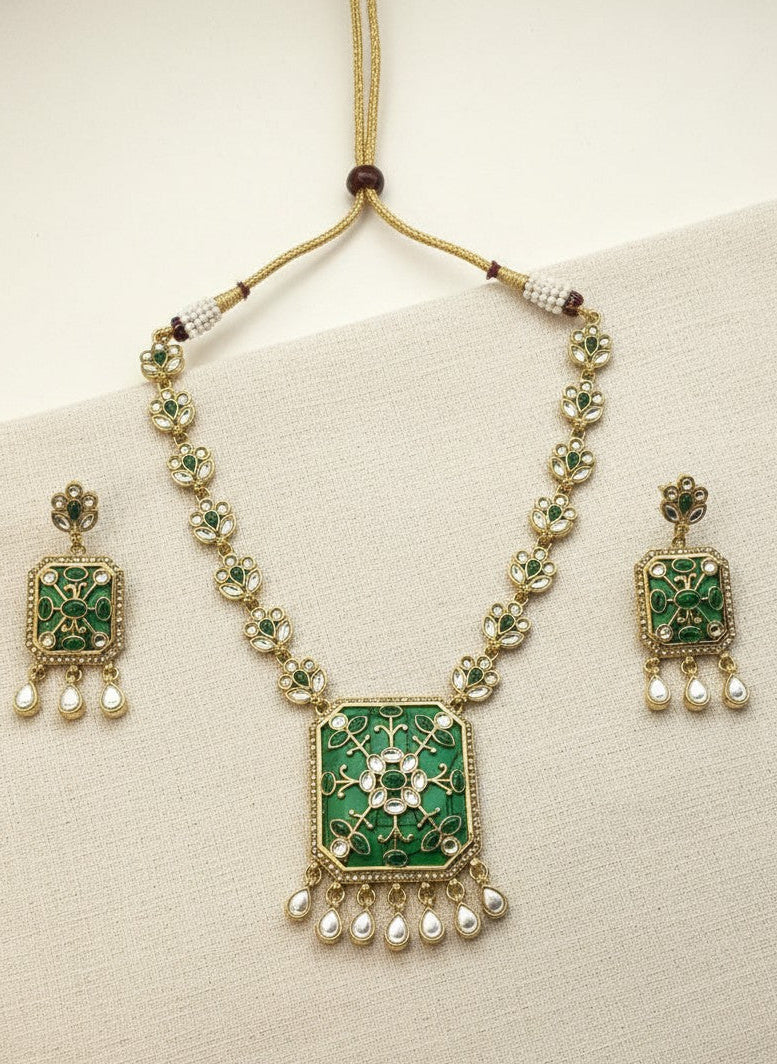 Emerald Enamel Polki Necklace & Earring Set with Drop Detailing for Women - Festive Baraati Wear