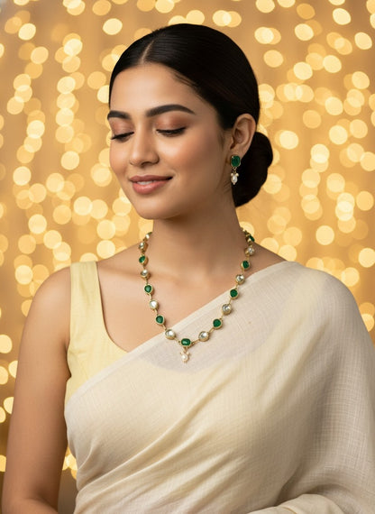 Gold Plated Crystal Stone and Beads Long Necklace Set for Women - All Occasions