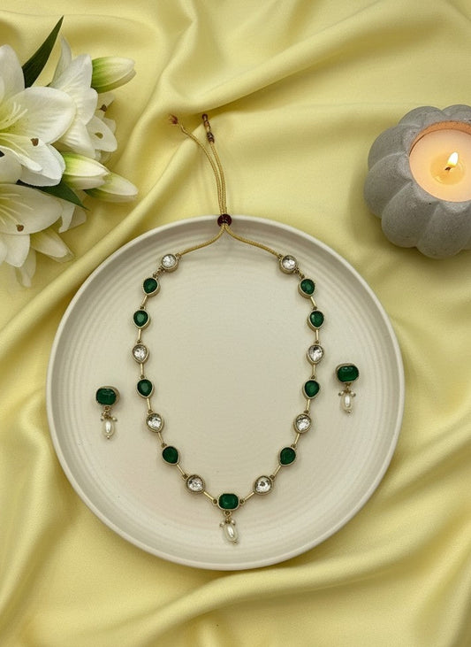 Gold Plated Crystal Stone and Beads Long Necklace Set for Women - All Occasions