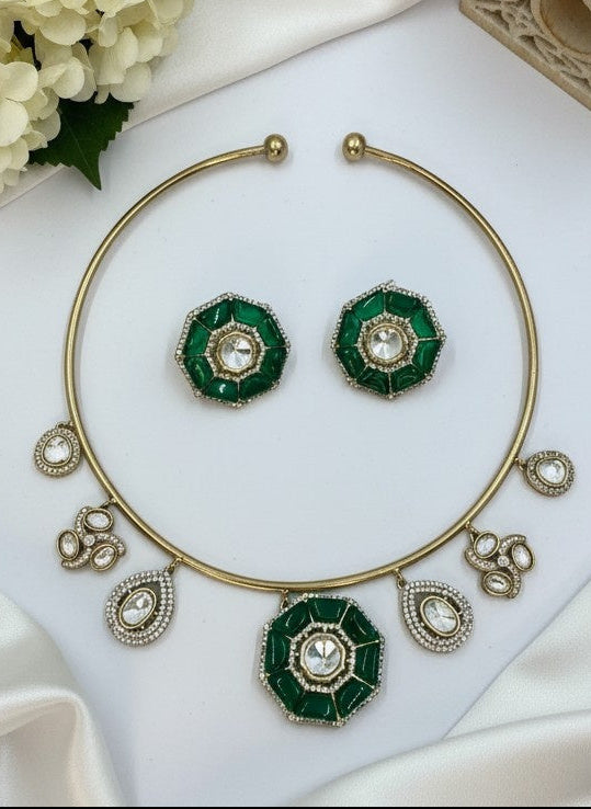 Ethnic Fusion Gold Plated Polki Hasli Set with Green Octagon Accents for Women - Statement Wear