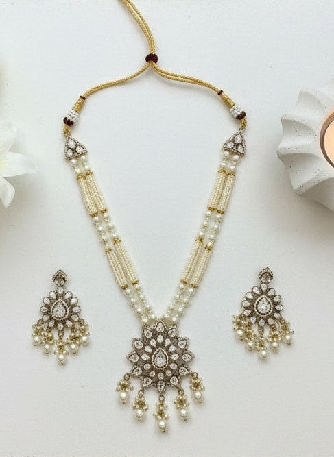 Ethnic Pearl beaded Gold Plated Necklace Set with Polki Stones Kundan Work for Women - Festive Wear