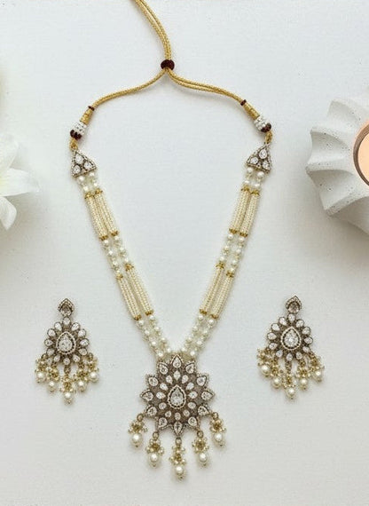 Ethnic Pearl beaded Gold Plated Necklace Set with Polki Stones Kundan Work for Women - Festive Wear