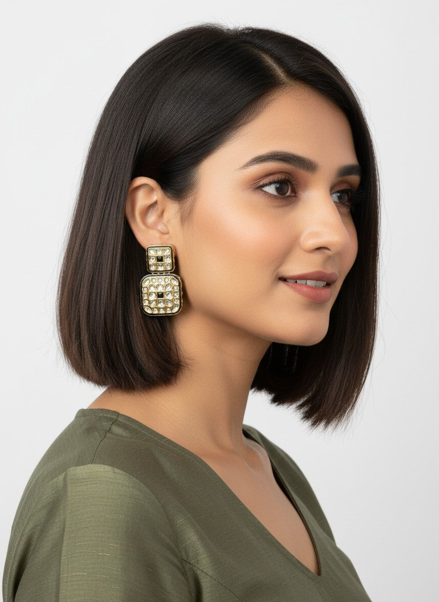 Designer Gold Plated Kundan Drop Earrings in Mehndi Polish