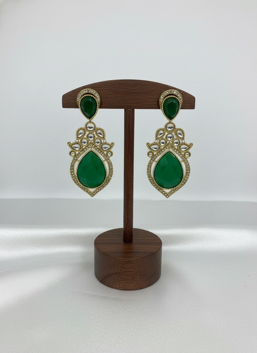 Handcrafted Gold Plated Kundan Earrings with Green Teardrop Stones