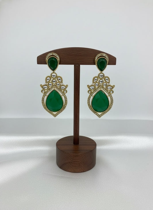 Handcrafted Gold Plated Kundan Earrings with Green Teardrop Stones