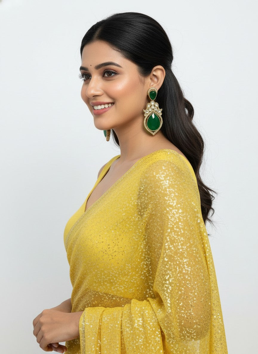 Handcrafted Gold Plated Kundan Earrings with Green Teardrop Stones