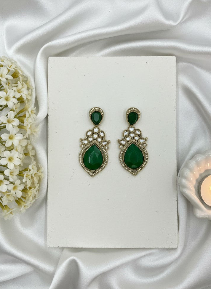 Handcrafted Gold Plated Kundan Earrings with Green Teardrop Stones