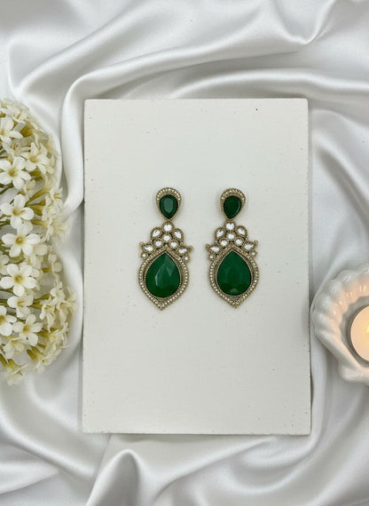 Handcrafted Gold Plated Kundan Earrings with Green Teardrop Stones