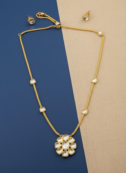 Traditional Gold Kundan Necklace Set with Flower Pendant