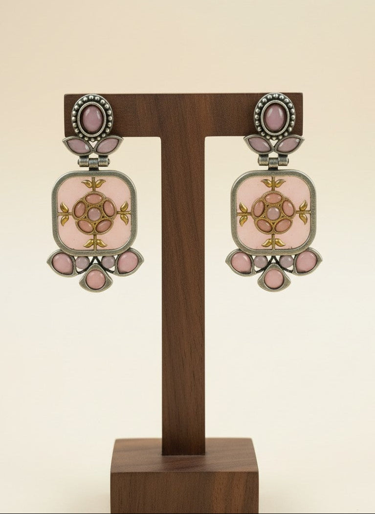 Firoza Persian Motifs Dual-Tone Baby Pink Monalisa Stone Dangler Earrings for Women - Festive Wear