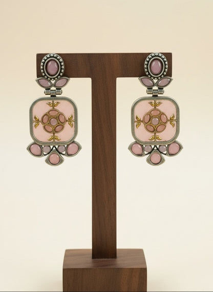 Firoza Persian Motifs Dual-Tone Baby Pink Monalisa Stone Dangler Earrings for Women - Festive Wear