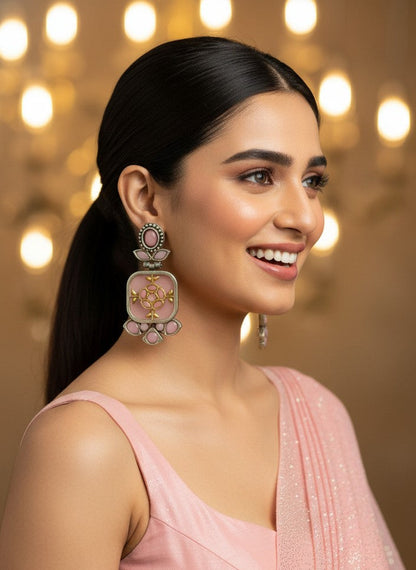 Firoza Persian Motifs Dual-Tone Baby Pink Monalisa Stone Dangler Earrings for Women - Festive Wear