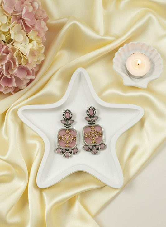Firoza Persian Motifs Dual-Tone Baby Pink Monalisa Stone Dangler Earrings for Women - Festive Wear