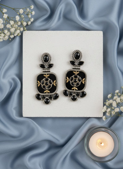 Firoza Persian Motifs Dual-Tone Black Monalisa Stone Dangler Earrings for Women - Festive Wear 