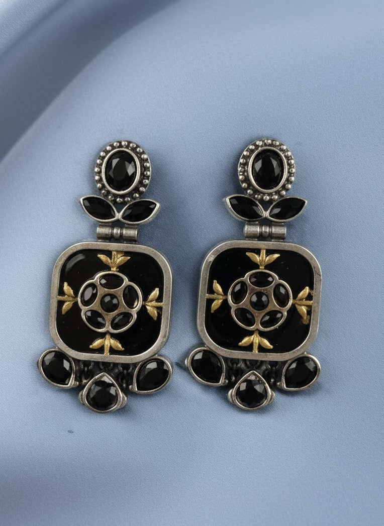 Firoza Persian Motifs Dual-Tone Black Monalisa Stone Dangler Earrings for Women - Festive Wear 