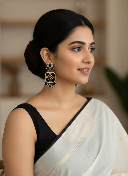 Firoza Persian Motifs Dual-Tone Black Monalisa Stone Dangler Earrings for Women - Festive Wear 