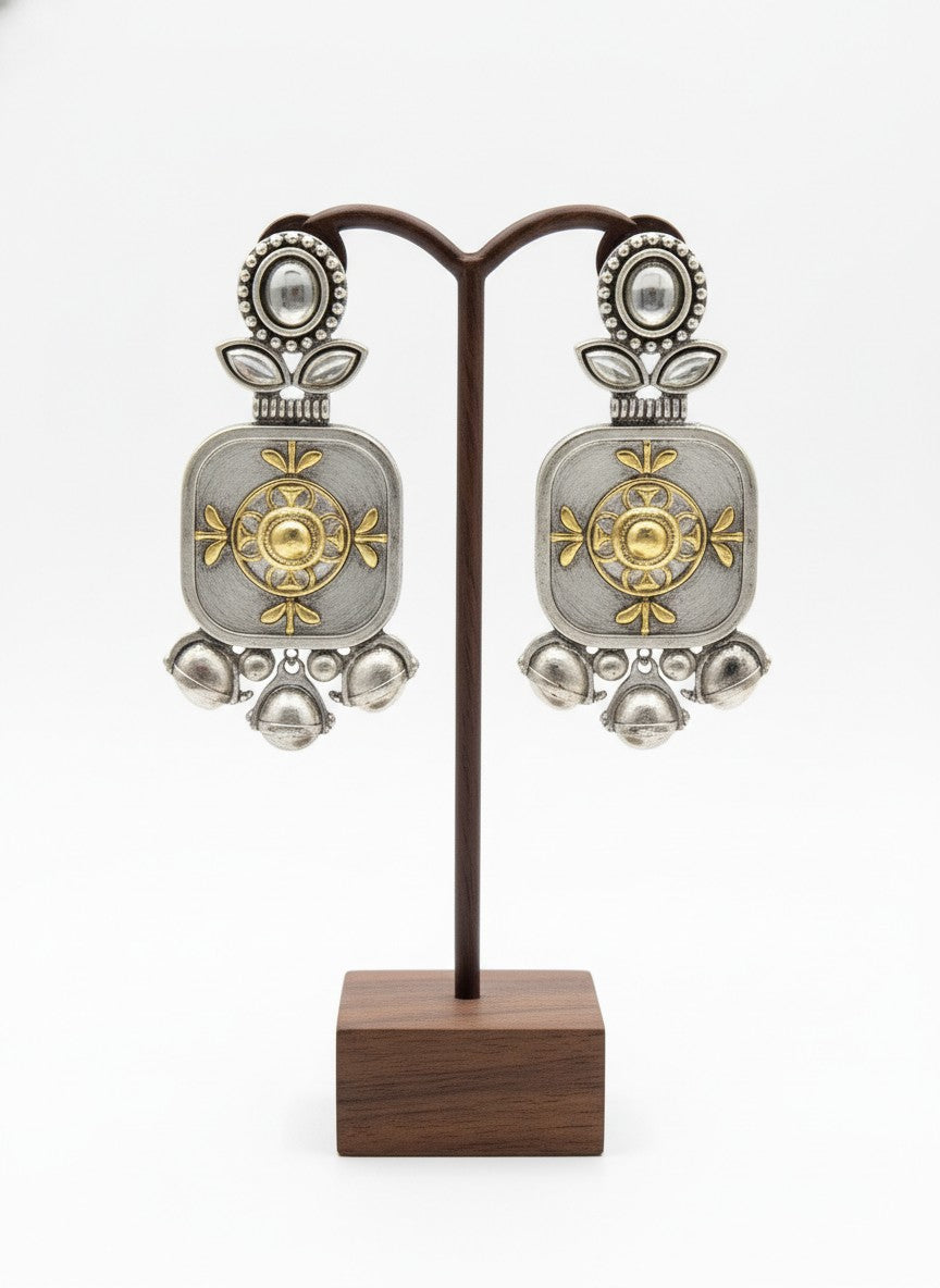 Firoza Persian Motifs Dual-Tone Monalisa Stone Dangler Earrings for Women - Festive Wear