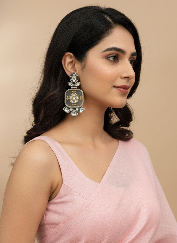 Firoza Persian Motifs Dual-Tone Monalisa Stone Dangler Earrings for Women - Festive Wear