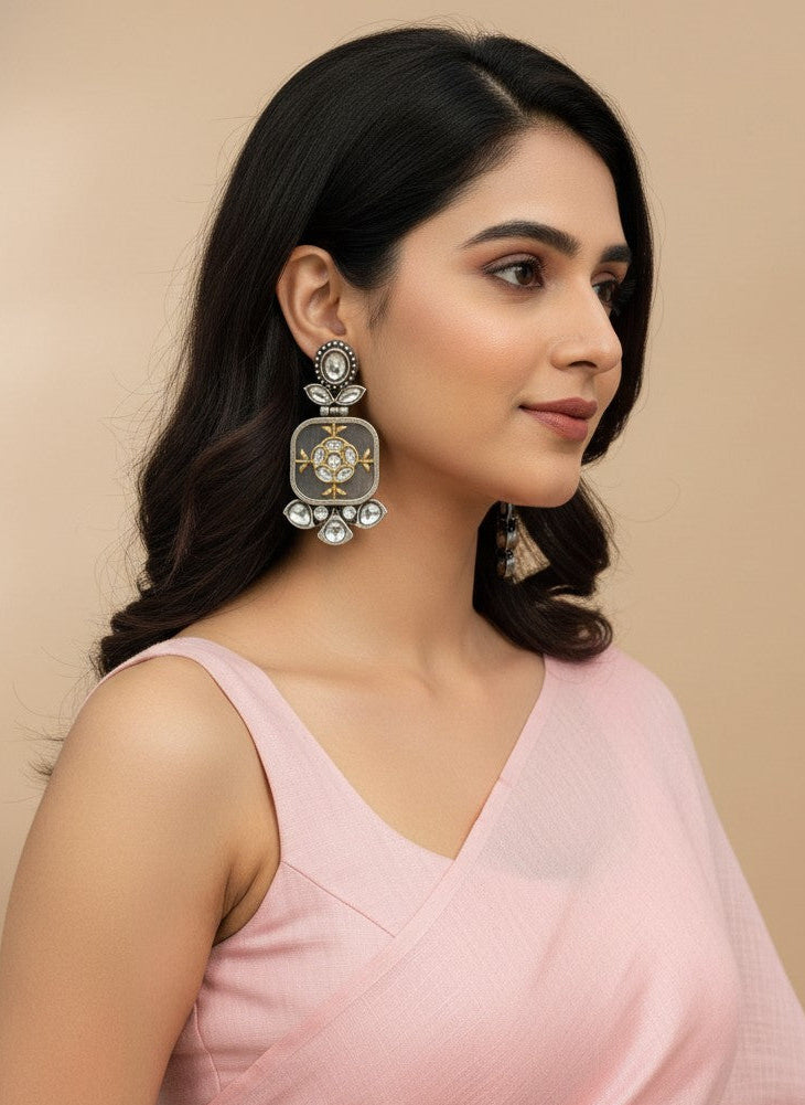 Firoza Persian Motifs Dual-Tone Monalisa Stone Dangler Earrings for Women - Festive Wear