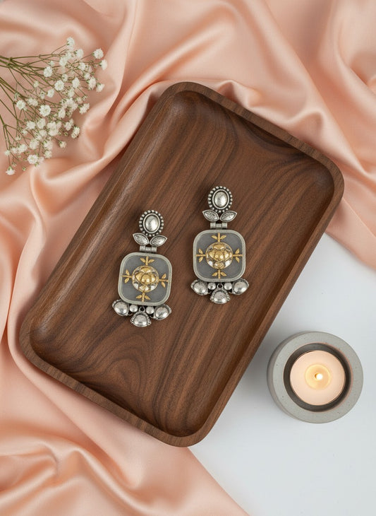 Firoza Persian Motifs Dual-Tone Monalisa Stone Dangler Earrings for Women - Festive Wear