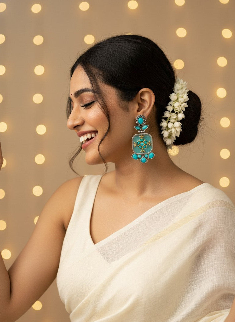 Firoza Persian Motifs Dual-Tone Monalisa Stone Dangler Earrings for Women - Festive Wear 