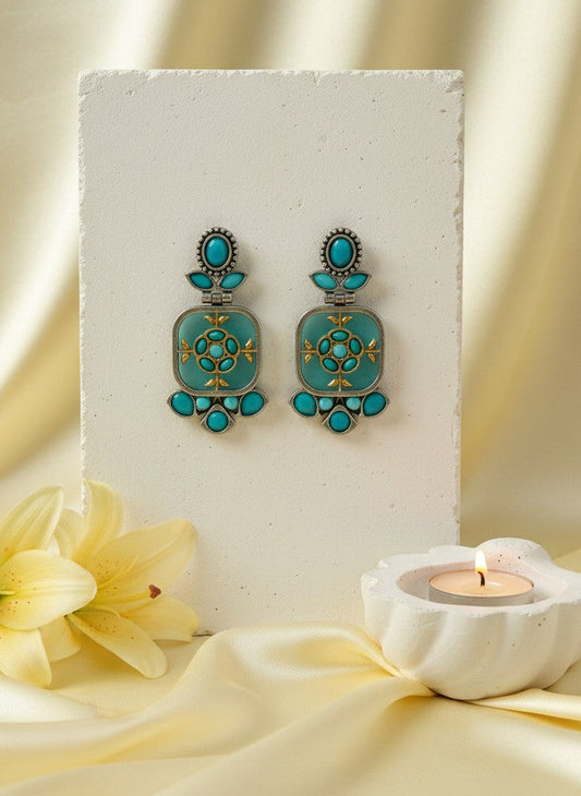 Firoza Persian Motifs Dual-Tone Monalisa Stone Dangler Earrings for Women - Festive Wear 