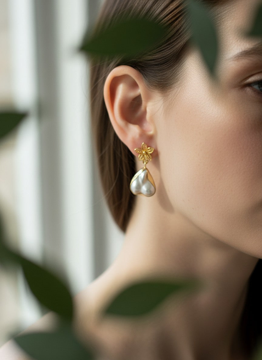 Floral Baroque Pearl Gold Drop Earrings for Women - All Occasion wear