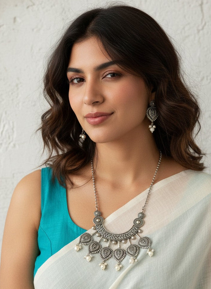 Floral Motifs and intricate design Silver Oxidized Necklace Set for Women - Ethnic Wear