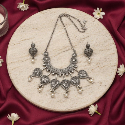 Floral Motifs and intricate design Silver Oxidized Necklace Set for Women - Ethnic Wear