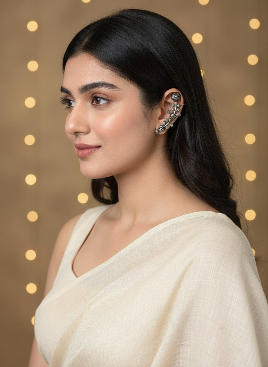 Floral Vine Silver Oxidized Ear Cuff Earrings for Women - Special Occasions