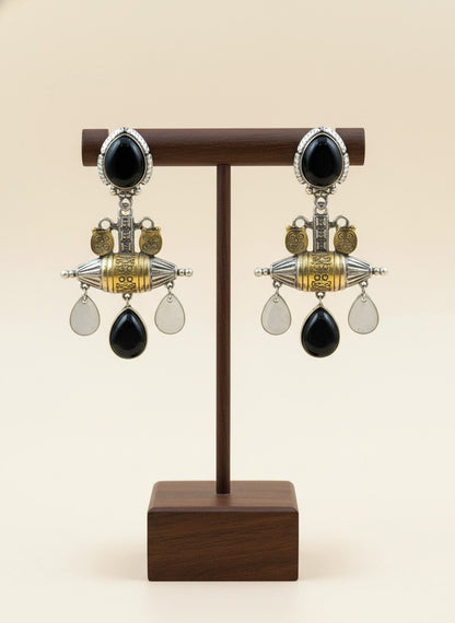 Fusion Black Grey Monalisa Stone Statement Dangler Earrings for Women - Special Occasions 