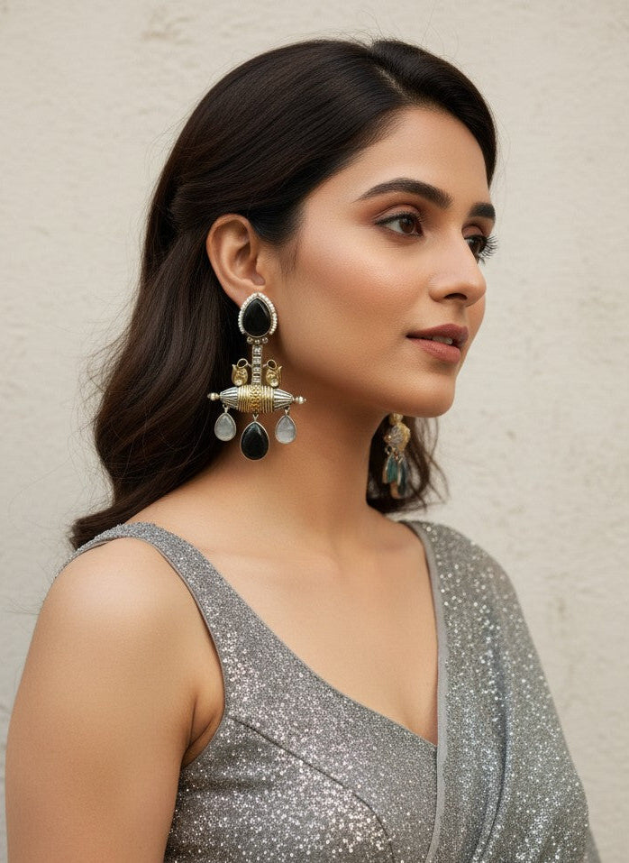 Fusion Black Grey Monalisa Stone Statement Dangler Earrings for Women - Special Occasions 
