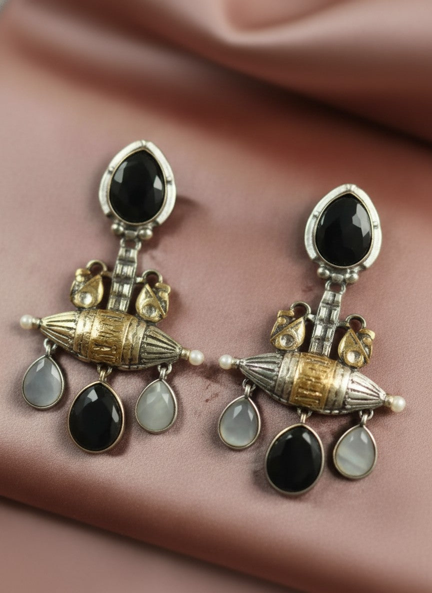 Fusion Black Grey Monalisa Stone Statement Dangler Earrings for Women - Special Occasions 