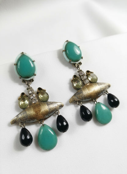 Fusion Green Black Monalisa Stone Statement Dangler Earrings for Women - Special Occasions 